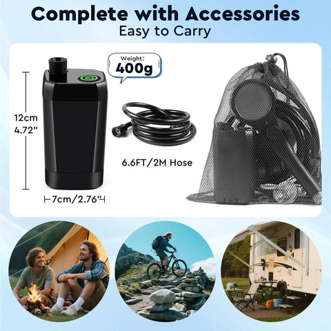Portable Camping Shower With 6000mAh Battery, complete kit with hose and carrying bag, ideal for hiking and RV use.