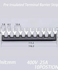 Pre Insulated Terminal Barrier Strip with specifications and dimensions shown for heavy-duty electrical setups