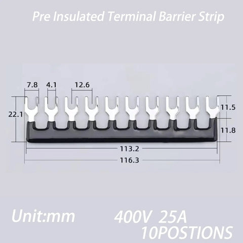 Pre Insulated Terminal Barrier Strip with specifications and dimensions shown for heavy-duty electrical setups