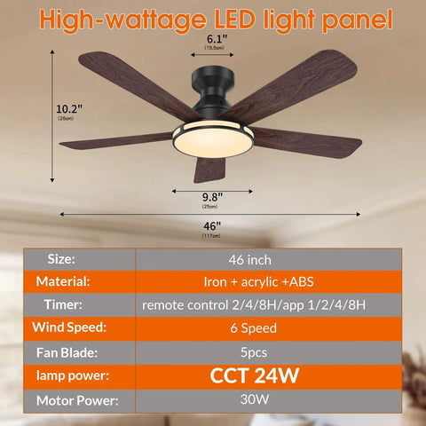 Ceiling Fans,46" RGB Low Profile Ceiling Fans with Lights, Wood-like Blades in an interior setting with dimensions displayed.