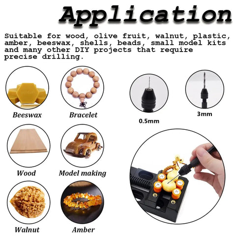 Application of pin vise hand drill kit with examples: beeswax, bracelet, wood, walnut, amber, 0.5mm and 3mm drill bits