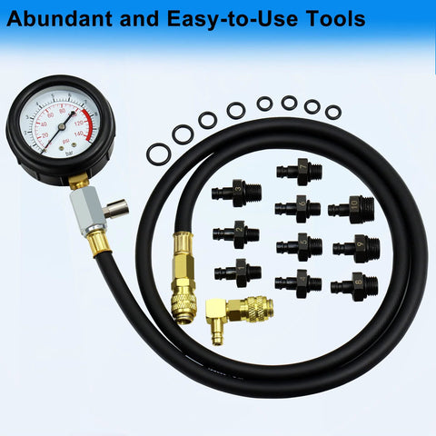 JoyFans oil pressure tester kit with 0-140 psi gauge, black hose, brass adapters, and O-ring set