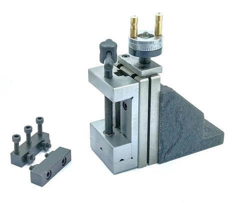 Game Changing Mini Vertical Slide And Tool Post Kit Featuring Dead Nuts Accurate 2 Inch Steel Vice shown with mounting hardware.
