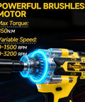 Beefy 580 Nm Cordless Impact Wrench Half Inch Drive With Brushless Motor, Dual Speed Control, 3200 RPM, Pro Grade Heavy Duty Tool Kit, Includes Two 4Ah Batteries And Charger, yellow and black