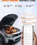 Bluetooth OBD2 Scanner For DIYers Fix Check Engine Light Pass Smog At Home Code Reader With Live Engine Data Battery Check No Subscription Plug and Play displayed on phone with car.