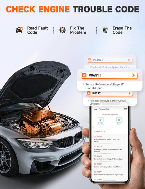 Bluetooth OBD2 Scanner For DIYers Fix Check Engine Light Pass Smog At Home Code Reader With Live Engine Data Battery Check No Subscription Plug and Play displayed on phone with car.