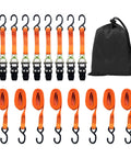 8 Pack 1 Inch Ratchet Straps 15 Feet Long Heavy Duty Tie Down Straps Beefy 880 Lb Working Load And 1760 Lb Break Strength displayed with storage bag.