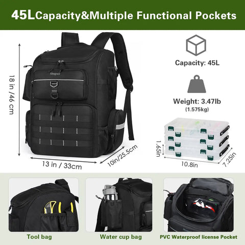 Large Fishing Backpack With Rod Holders, Waterproof 45L Tackle Box Pack shown with dimensions and pocket features.