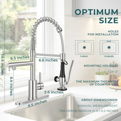 BDJM Kitchen Faucets with Pull Down Sprayer,NEW1 shown in brushed nickel with measurement details for installation.