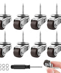 Eight brown mini low profile swivel castors, each with a screw, a screwdriver, and washers for furniture, toy carts, and DIY projects.