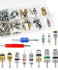 102 Piece Auto AC Valve Core Kit With Aluminum And Brass Cores For R12 R134a Leaks And Tire Valve Stem Repair DIY Refrigeration Tools Set Pro Grade Assortment For Mechanic And DIY Home Use, showing open case with assorted valve cores and tools.