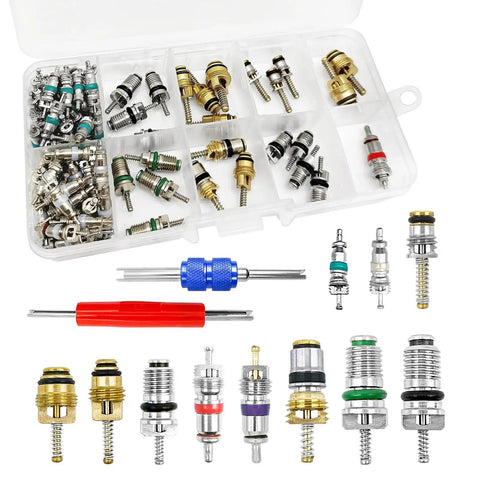 102 Piece Auto AC Valve Core Kit With Aluminum And Brass Cores For R12 R134a Leaks And Tire Valve Stem Repair DIY Refrigeration Tools Set Pro Grade Assortment For Mechanic And DIY Home Use, showing open case with assorted valve cores and tools.