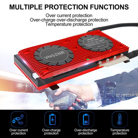 LiFePO4 4S 12V 250A Smart BMS Board with Balance Leads and Wireless Module showing multiple protection functions