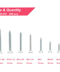 Hella Tough Phillips Flat Head Wood Screws Assortment Kit With Driver Bit, size #6 #8 #10, includes 200 zinc plated screws.