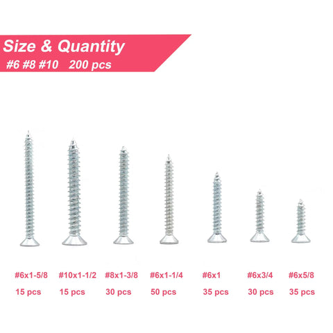 Hella Tough Phillips Flat Head Wood Screws Assortment Kit With Driver Bit, size #6 #8 #10, includes 200 zinc plated screws.