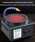 Heavy-Duty 350W Wet And Dry Bench Sander With Electric Knife Sharpening Machine, featuring blue water hose and red grinding disc.