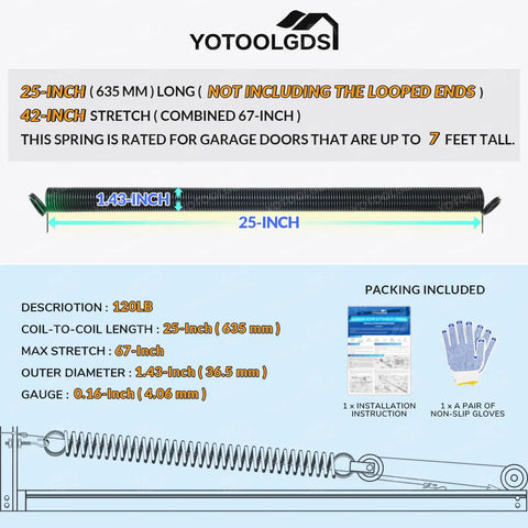 Diagram of Beefed Up 120 Lb Garage Door Extension Springs, 25 Inches At Rest And 67 Inches Fully Extended, with product specs.