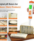 All In One Digital pH Tester And Thermometer For Food with probe measuring cheese pH level next to cheese block.