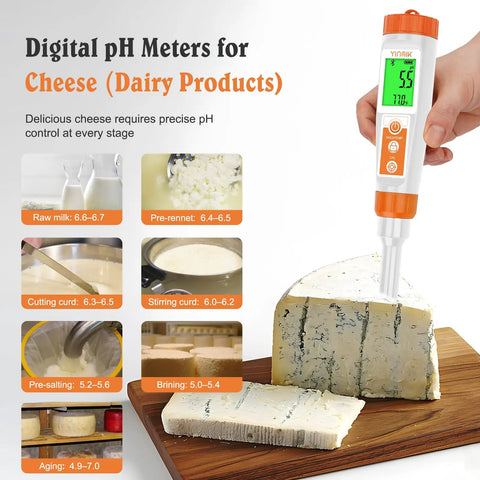 All In One Digital pH Tester And Thermometer For Food with probe measuring cheese pH level next to cheese block.