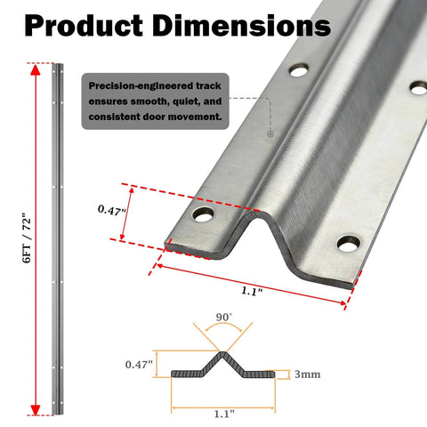 Six Foot Sliding Door Track Replacement For Glass, Screen, Barn, Pocket And Patio Doors, front view, dimensions diagram.