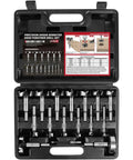 Top Shelf Forstner Bit Set With Sixteen Heavy Duty Wood Drill Bits in a black case, sizes 1/4 to 2 1/8 inches, for cabinet making.