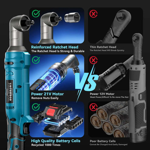 Heavy Duty Cordless Ratchet Wrench Kit with 133 Ft-Lbs Torque, 21V Power vs 12V motor comparison, high-quality battery cells