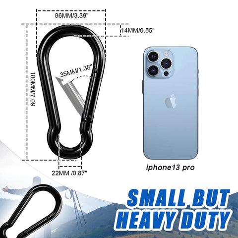 Heavy Duty 7 Inch Carabiner Clip For Camping And Outdoor Gear Large Spring Snap Hook Ideal For Hammocks Swing Sets Hiking Travel Weight Lifting And Home Gym Equipment Kinlink next to iPhone 13 Pro for size comparison.