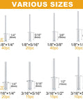 Image showing sizes in the All In One Aluminum Rivet Kit With 190 Pieces In 8 Sizes for metal projects and repairs.