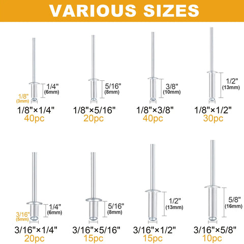 Image showing sizes in the All In One Aluminum Rivet Kit With 190 Pieces In 8 Sizes for metal projects and repairs.