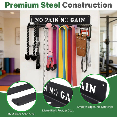 8 Hook Wall Mount Home Gym Organizer Rack For Barbells Resistance Bands Jump Ropes Foam Rollers Belts And More Garage Grade