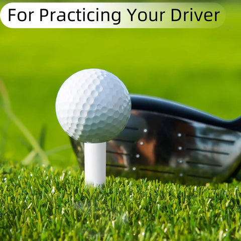 Golf ball on unbreakable rubber golf tee built to last for practice mats and golf simulators, shown on grass with clubhead close-up.