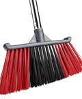 Heavy Duty Long Handle Outdoor Broom 62 Inch For Tough Yard Work And Garage Cleanup Hard Bristle Sweep Brush with black and red bristles.