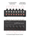 Top view of Six Channel Passive Stereo Mixer With RCA Inputs And Two Channel Output, showing input and output connections.