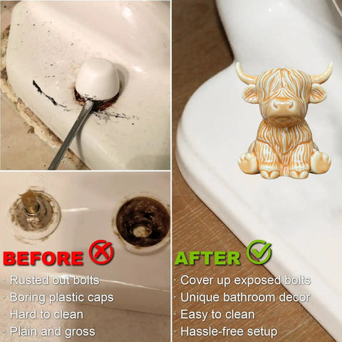 Adorable Highland Cow Toilet Bolt Covers Set Of Two Decorative Bathroom Screw Caps That Straight Up Hide Rusty Floor Mounts Easy Premium Painted Ceramic Install Brown, showing before and after comparison.