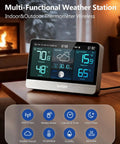 Front view of Go-To Weather Station with 8.8 inch color display, showing indoor outdoor thermometer hygrometer, atomic clock, clear digits.