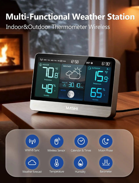 Front view of Go-To Weather Station with 8.8 inch color display, showing indoor outdoor thermometer hygrometer, atomic clock, clear digits.