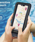Rugged Waterproof Phone Pouch With Clear Touchscreen Window And Trustworthy Floatation Universal Fit For Phones Up To Six Point Eight Inches used in water with a map display.