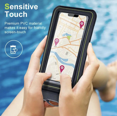 Rugged Waterproof Phone Pouch With Clear Touchscreen Window And Trustworthy Floatation Universal Fit For Phones Up To Six Point Eight Inches used in water with a map display.