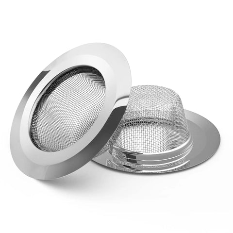 Heavy-Duty Kitchen Sink Strainer Set, 2 Dope Stainless Steel Mesh Drain Screens with Wide Rim, two pieces side by side