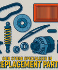 Illustration of automotive replacement parts with text promoting store specialization