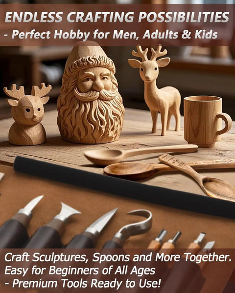 Deluxe Wood Carving Kit For Beginners To Pros With Leather Case And Packed Whittling Tool Set Of Knives And Chisels, wood carvings.