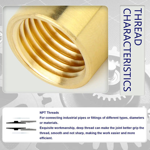 Half Inch NPT Brass Pipe Fitting Kit 12 Pack With Six Male Hex Nipples And Six Female Hex Couplings Thread Adapters For Plumbing Projects Built To Last Pro Grade Durable Corrosion Resistant DIY Ready thread close-up