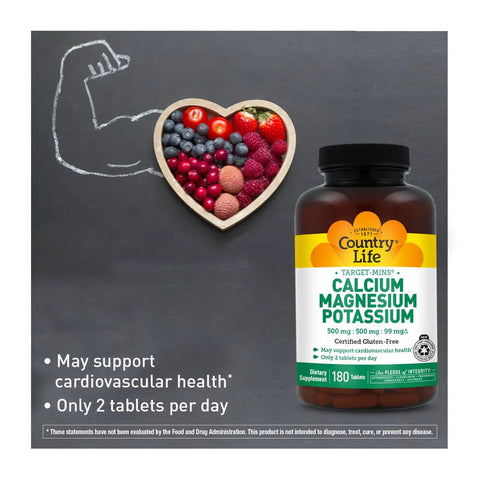 Calcium Magnesium Potassium Bone And Heart Health Supplement 180 Tablets Gluten Free Vegan with heart-shaped berries