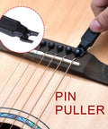 Saphue 3 In 1 Multifunction Guitar String Winder Cutter Pin Puller For Bass And Banjo showing pin puller in use on guitar bridge.