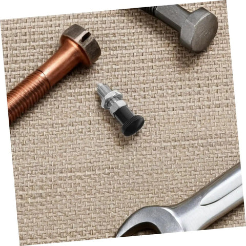 Built Tough Stainless Steel Reset Spring Plunger Featuring Self Locking Control Knob And Rapid Return Indexing Pin among tools on a textured background.