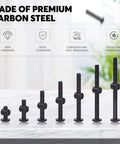 Different sizes of bolts from 84Pcs M6 Furniture Bolts And Barrel Nuts Kit in black finish on table, premium carbon steel material