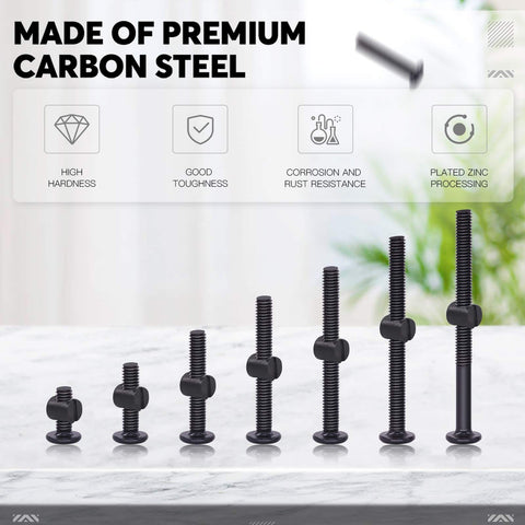 Different sizes of bolts from 84Pcs M6 Furniture Bolts And Barrel Nuts Kit in black finish on table, premium carbon steel material