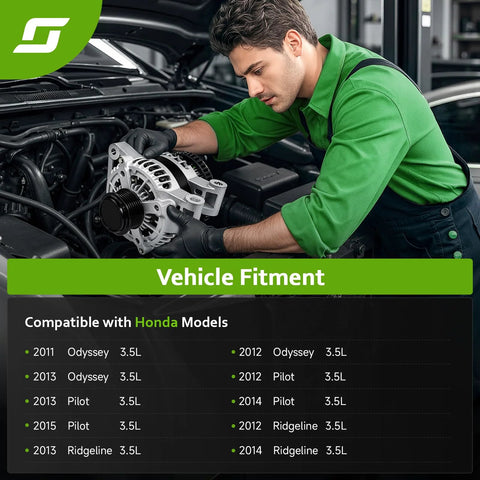 Mechanic installing New V6 3.5L Alternator Replacement For Odyssey Pilot And Ridgeline Reliable Auto Part For 2011 2012 2013 2014 2015 Models in engine bay, vehicle fitment chart displayed.