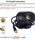 Front Light With Horn For E Bikes 115 Lux Bright LED headlight with 3-pin M8 connector and coiled cable in packaging.