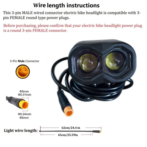 Front Light With Horn For E Bikes 115 Lux Bright LED headlight with 3-pin M8 connector and coiled cable in packaging.